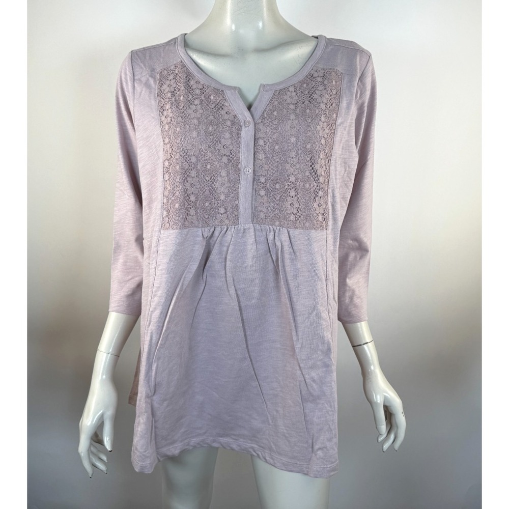 LOGO Lori Goldstein Henley Top Women 1X NWT 3/4 Sleeve Stretch Cotton Lace Lilac